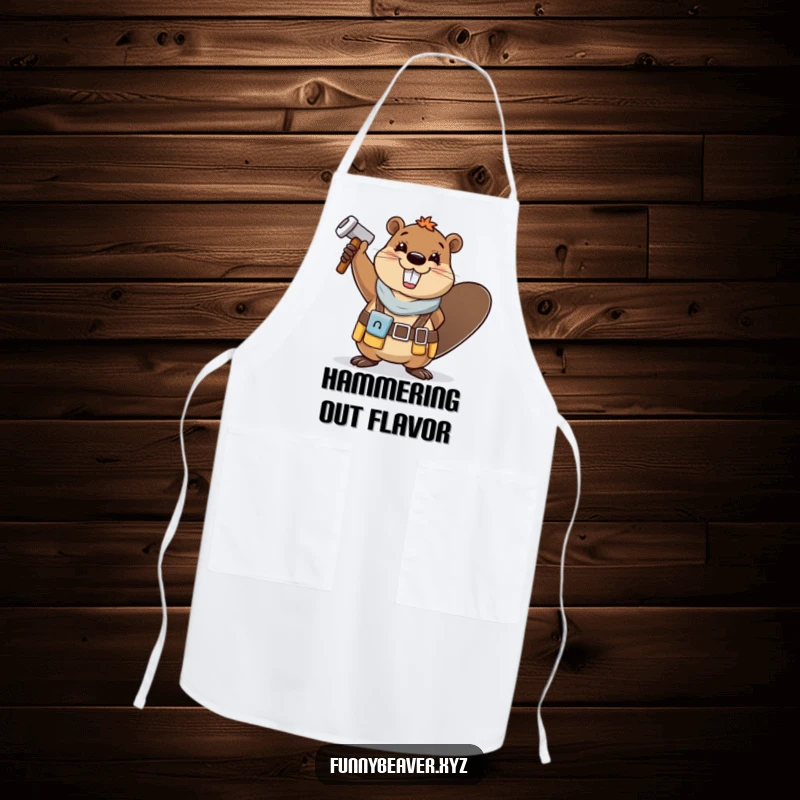 Funny beaver in a tool belt cheerfully waves a hammer, making this apron a hilarious and functional kitchen accessory.