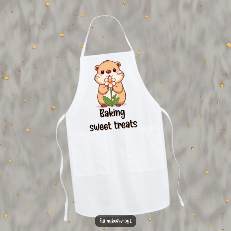 Funny apron with a sweet beaver offering a small, illustrated flower, perfect for adding a touch of gentle charm to kitchen activities.
