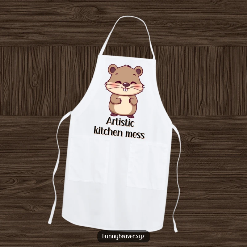 Funny apron with a whimsical beaver holding a paintbrush and a mischievous grin, perfect for adding artistic and humorous flair to kitchen activities.