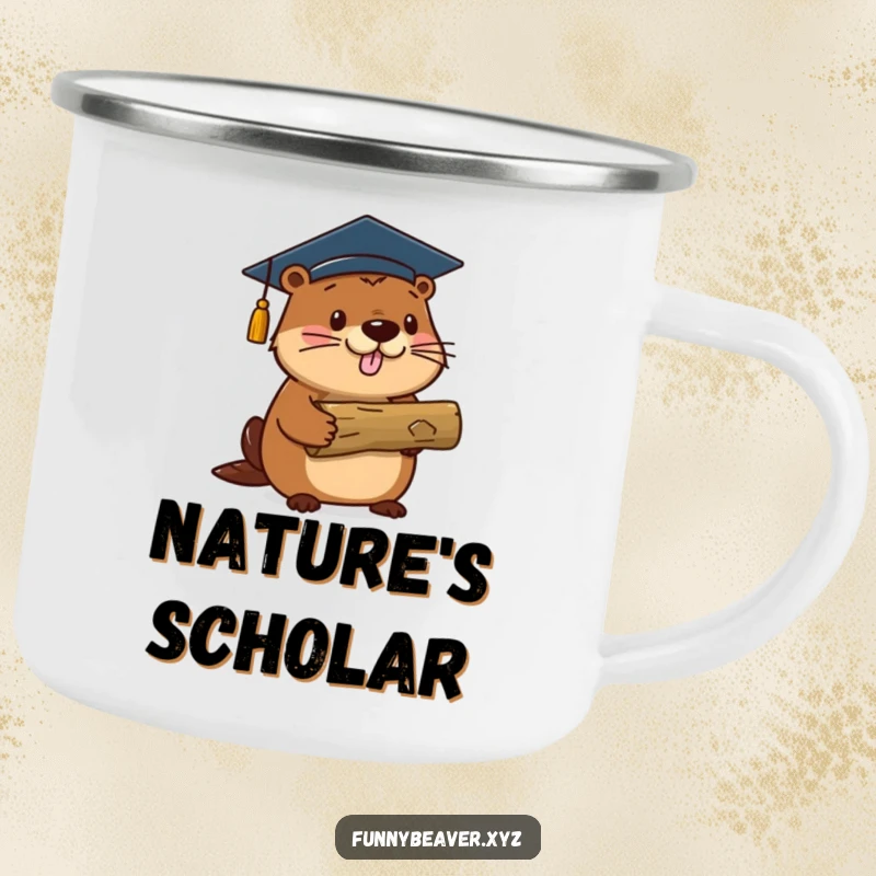 Funny beaver in a graduation cap holds a log, ideal for graduates celebrating outdoors with a humorous touch.