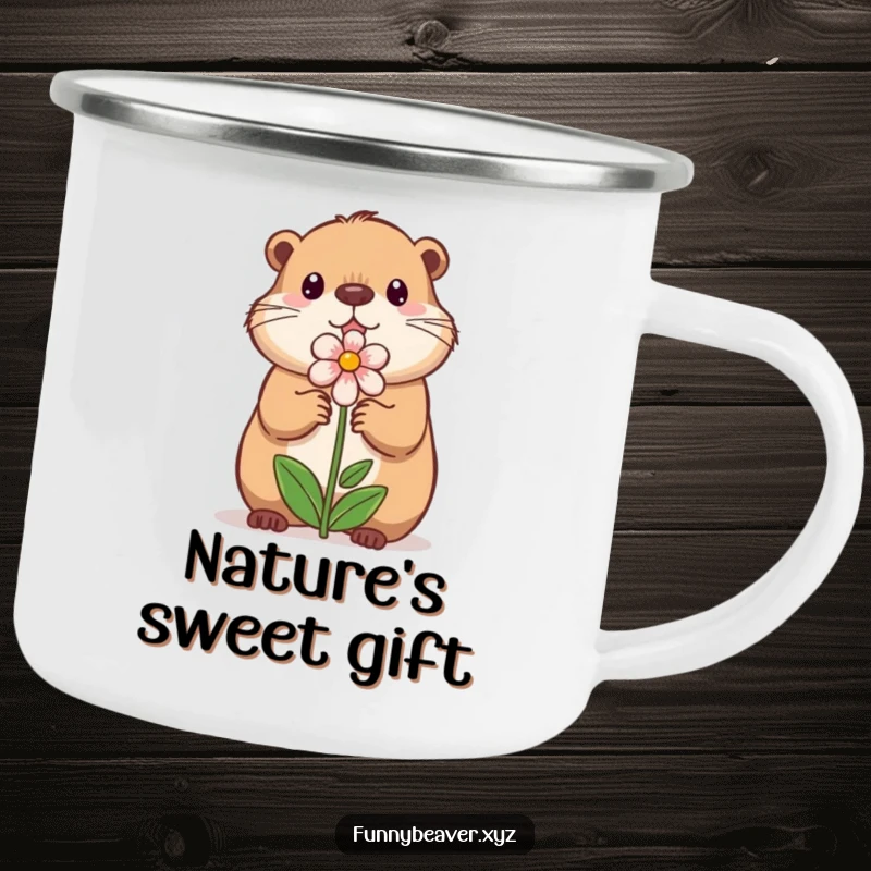 Funny camping mug with a sweet beaver offering a small, illustrated flower, perfect for enjoying drinks with a touch of gentle, heartwarming humor.