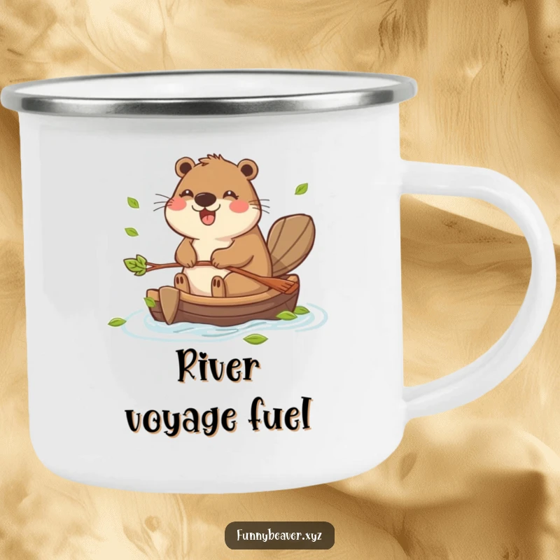 Funny camping mug with a joyful beaver paddling a small raft made of leaves, ready for any outdoor adventure or humorous moment.