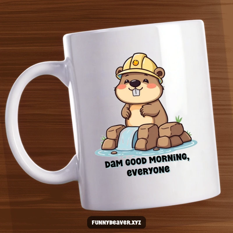 Funny beaver in a tiny hard hat diligently building a miniature dam, showcasing industrious construction humor for coffee lovers.