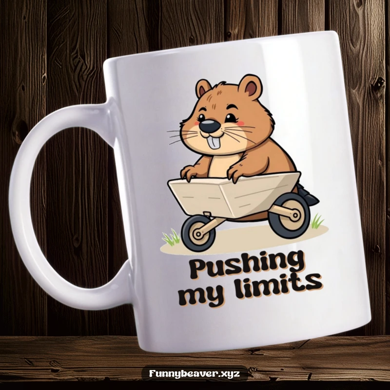 Funny mug showing a determined beaver with a focused expression, pushing a small illustrated wheelbarrow with effort and purpose.