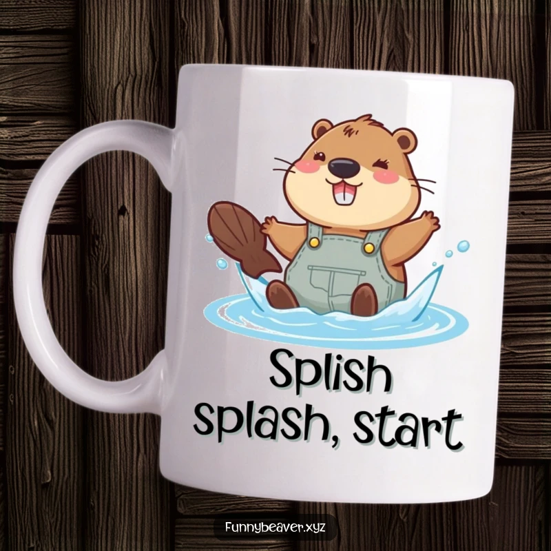 Funny beaver wearing overalls joyfully splashes in the water, bringing playful water fun and humor to this mug.