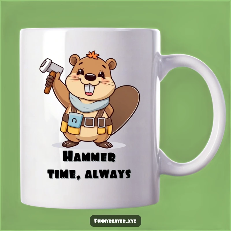 Funny Happy Beaver Mug: Cheerful Tool Belt Waving Hammer Gift for DIY Lovers
