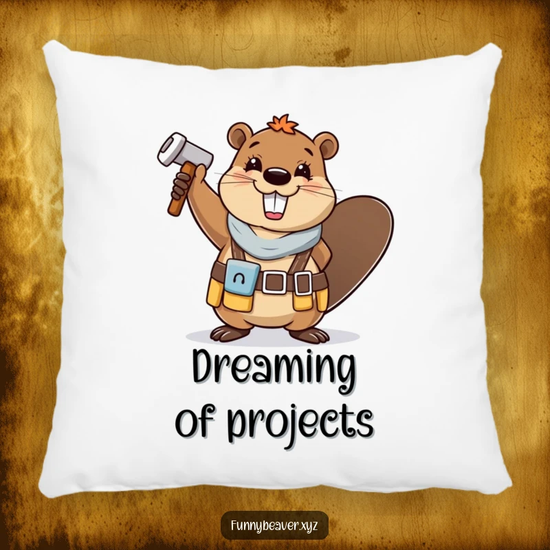 Funny, happy beaver in a tool belt waves a hammer, providing a soft and humorous decorative touch for DIY fans.