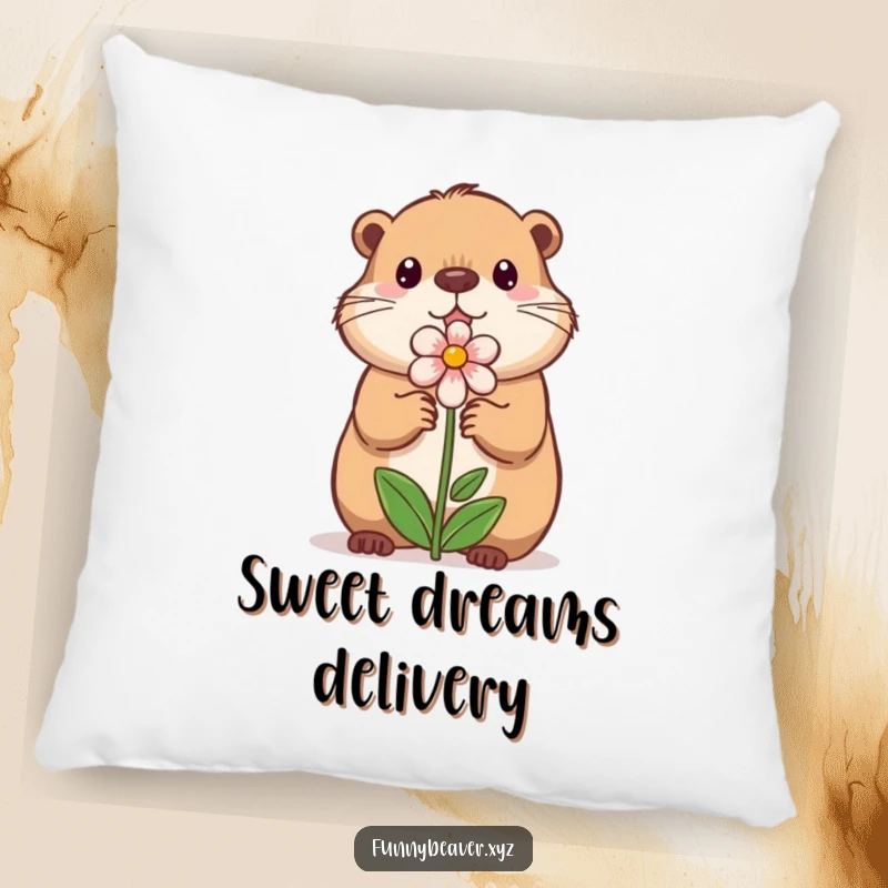 Funny pillow showcasing a sweet beaver offering a small, illustrated flower, perfect for adding a touch of gentle, heartwarming humor to any room.
