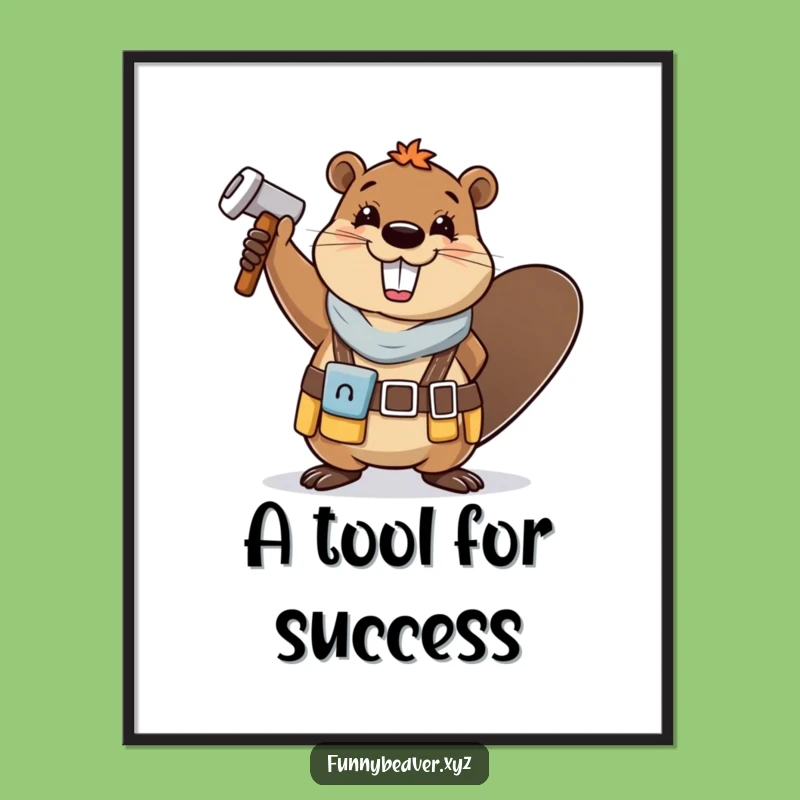 Funny Beaver DIY Art Print: Cheerful Tool Belt Hammer Waving Wall Decor