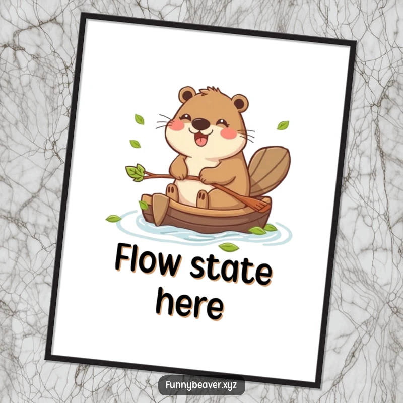 Funny digital art print of a joyful beaver paddling a small raft made of leaves, perfect for instant, humorous wall decor.