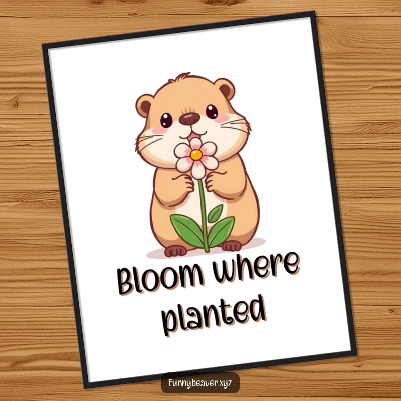 Funny digital art print of a sweet beaver offering a small, illustrated flower, perfect for instant, heartwarming, and humorous wall decor.