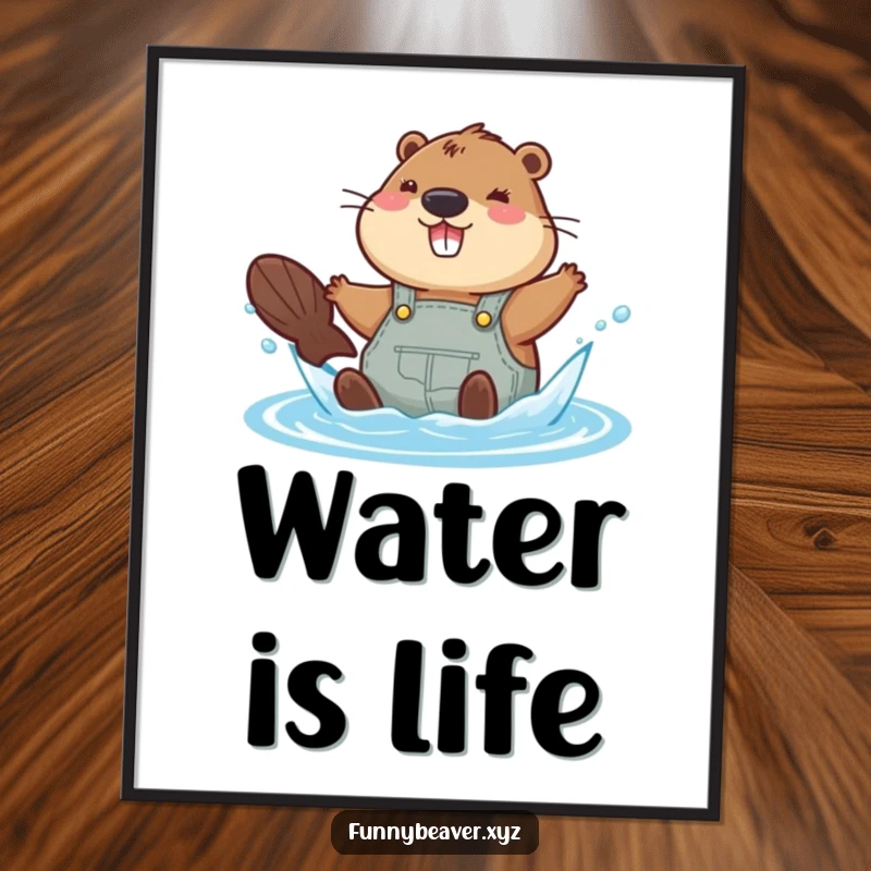Funny beaver in overalls joyfully splashing in water, creating a vibrant and humorous digital art print for water-themed decor.