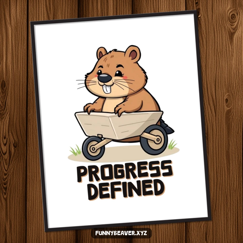 Funny digital art print of a determined beaver pushing a small illustrated wheelbarrow, perfect for instant, motivational, and humorous wall decor.