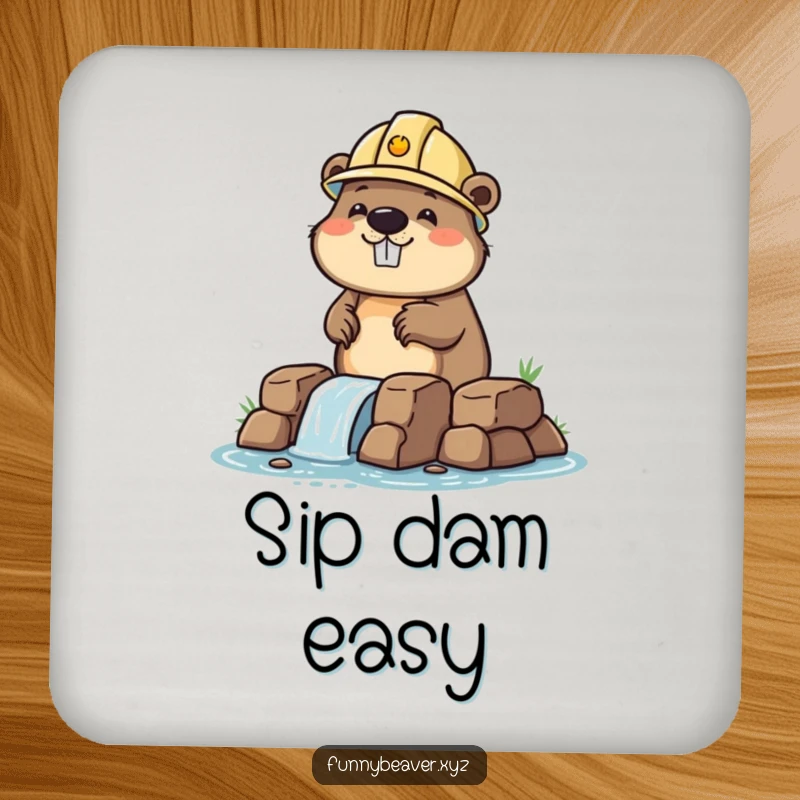 Funny beaver in a hard hat, focused on building a dam, doubling as a protective and humorous drink coaster.