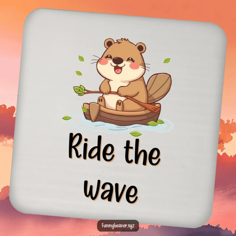 Funny drink coaster featuring a joyful beaver paddling a small raft made of leaves, adding a humorous touch to any tabletop.