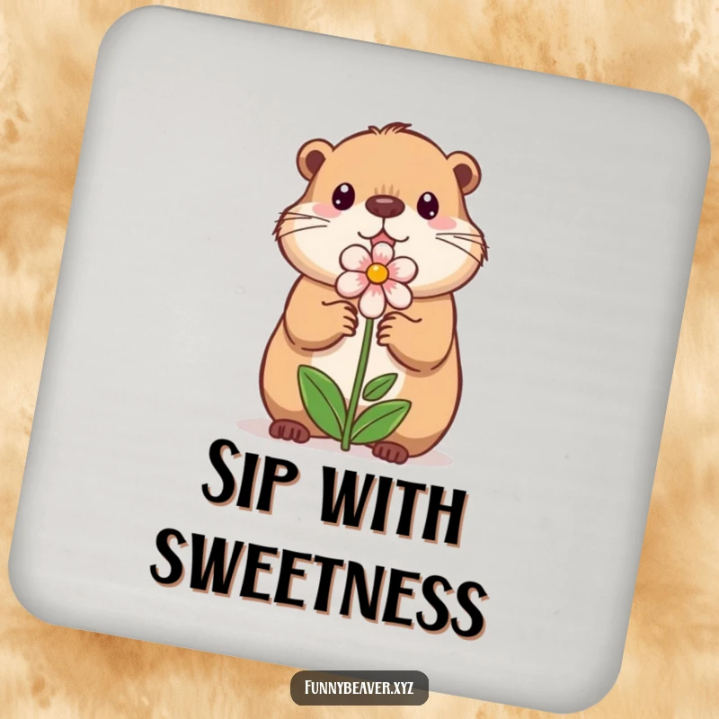 Funny drink coaster featuring a sweet beaver offering a small, illustrated flower, perfect for adding a touch of gentle, charming humor to tabletops.