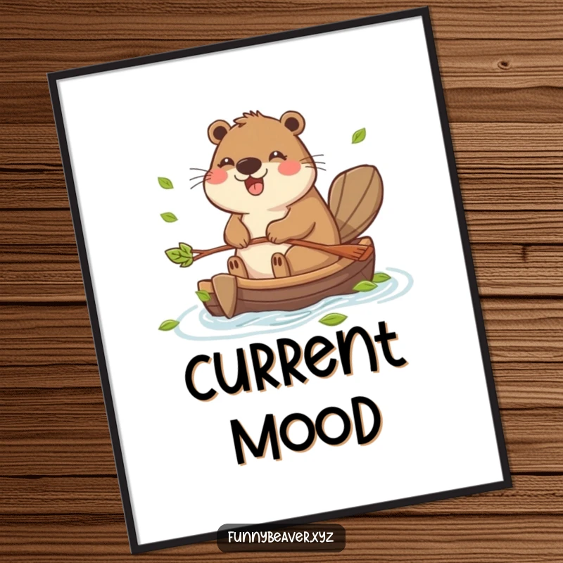 Funny poster displaying a happy beaver paddling a raft made of leaves, capturing a moment of joyful, whimsical adventure for wall decor.