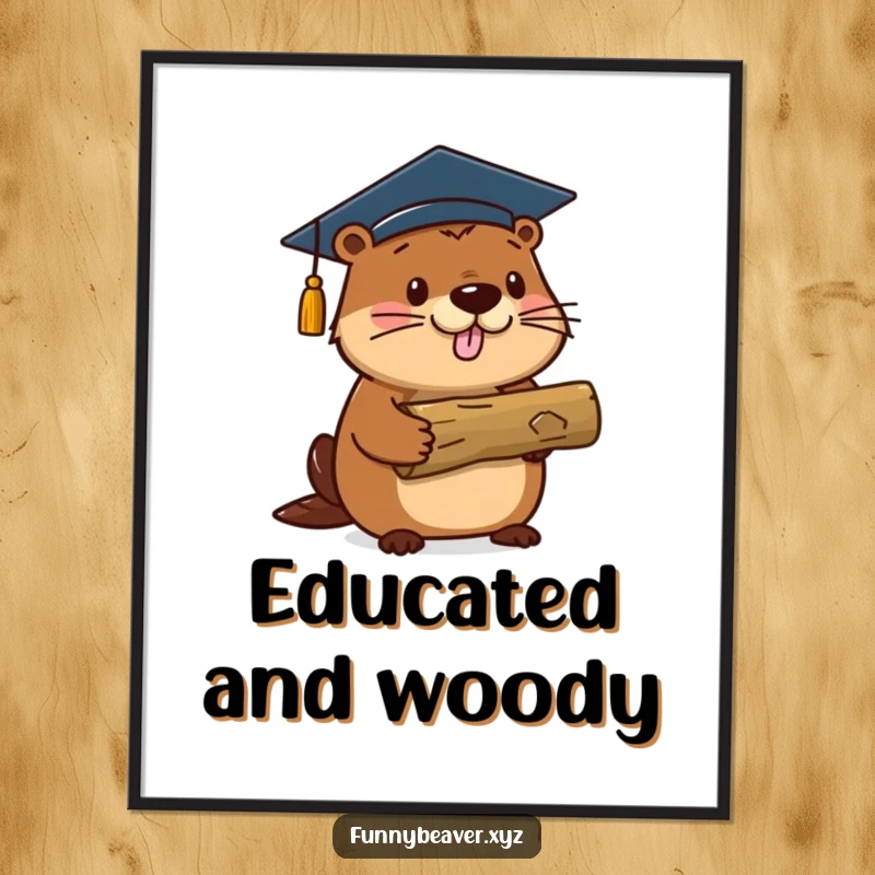 Funny beaver in a graduation cap proudly holds a log, symbolizing a humorous and memorable graduation art print.