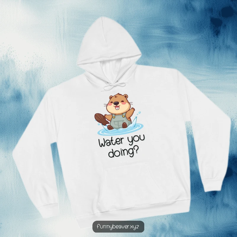 Funny beaver in overalls joyfully splashes in the water, making this cozy hoodie a perfect gift for water lovers.