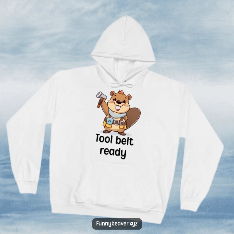 Funny, cheerful beaver in a tool belt waves a hammer, making this cozy hoodie a perfect gift for DIY fans.