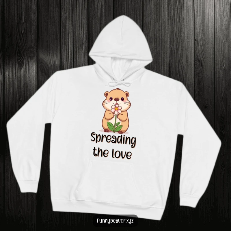 Funny hoodie with a sweet beaver offering a small flower, exuding warmth, kindness, and gentle humor for cozy wear.