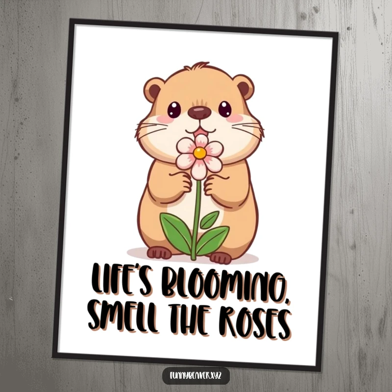 Funny free printable wall art of a sweet beaver offering a flower, a charming and humorous downloadable art.