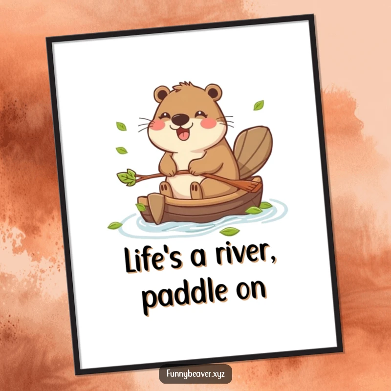 Funny free printable wall art of a happy beaver paddling a leaf raft, a charming and humorous downloadable art piece.