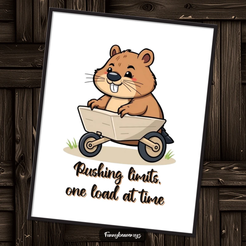 Funny free printable wall art of a determined beaver pushing a wheelbarrow, a strong and humorous downloadable art piece.