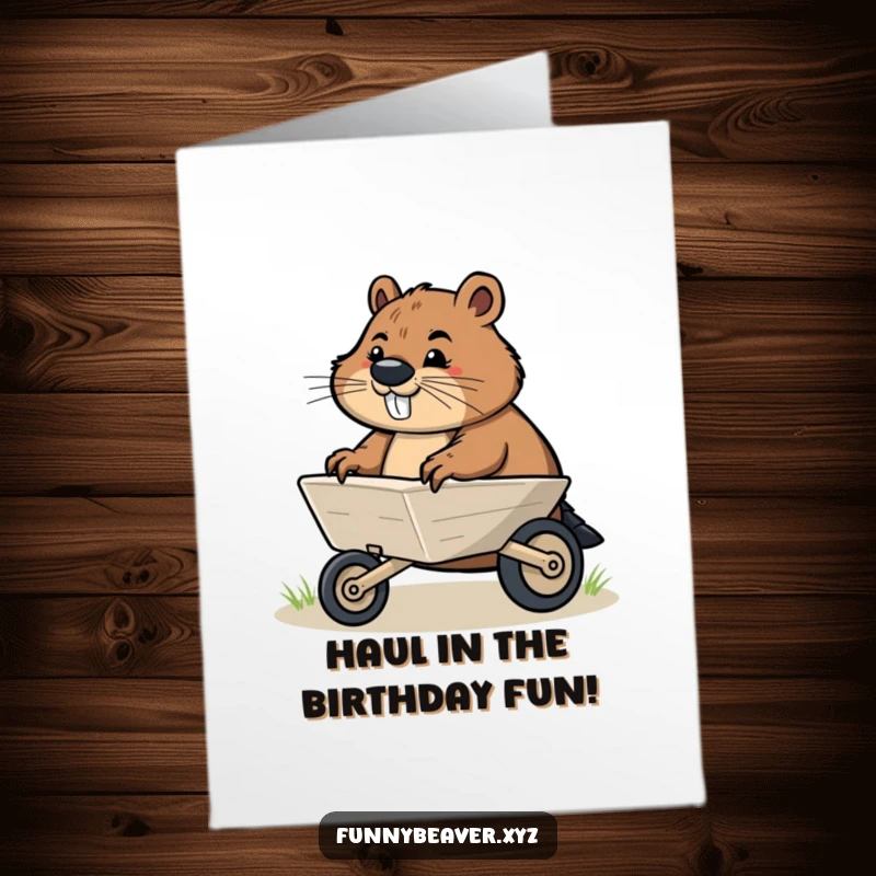 Funny free printable birthday card showing a determined beaver pushing a wheelbarrow, a humorous downloadable gift.