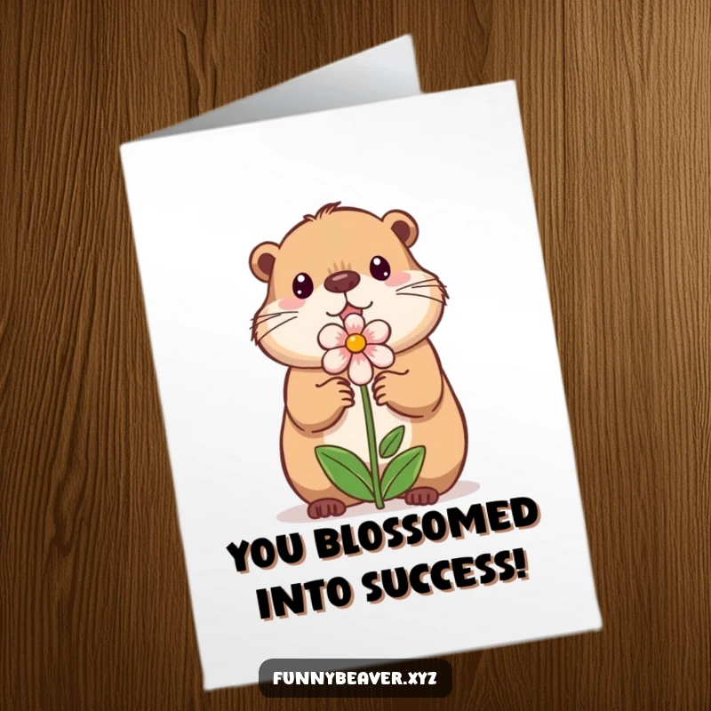 Funny free printable congratulations card with a beaver holding a flower, a sweet and humorous downloadable art.