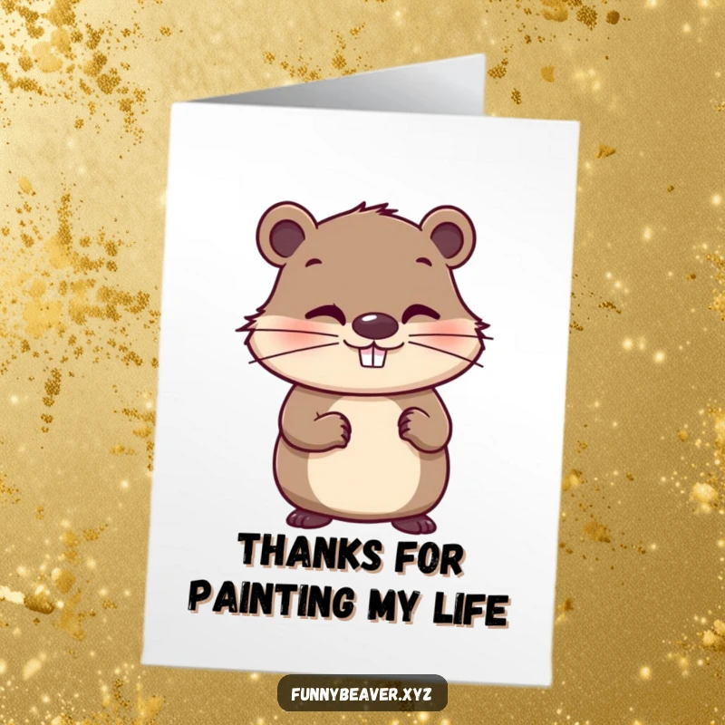 Funny free printable thank you card with a mischievous beaver holding a paintbrush, a delightful downloadable art gift.