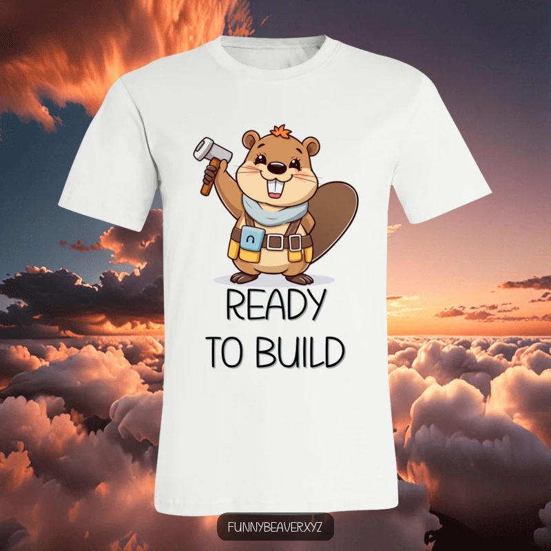 Funny, happy beaver wearing a tool belt cheerfully waves a hammer, ideal for DIY enthusiasts and lovers of humorous apparel.