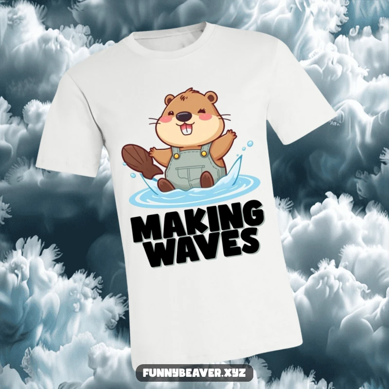 Funny beaver in overalls gleefully splashes in water, perfect for those who love water activities and humorous shirts.