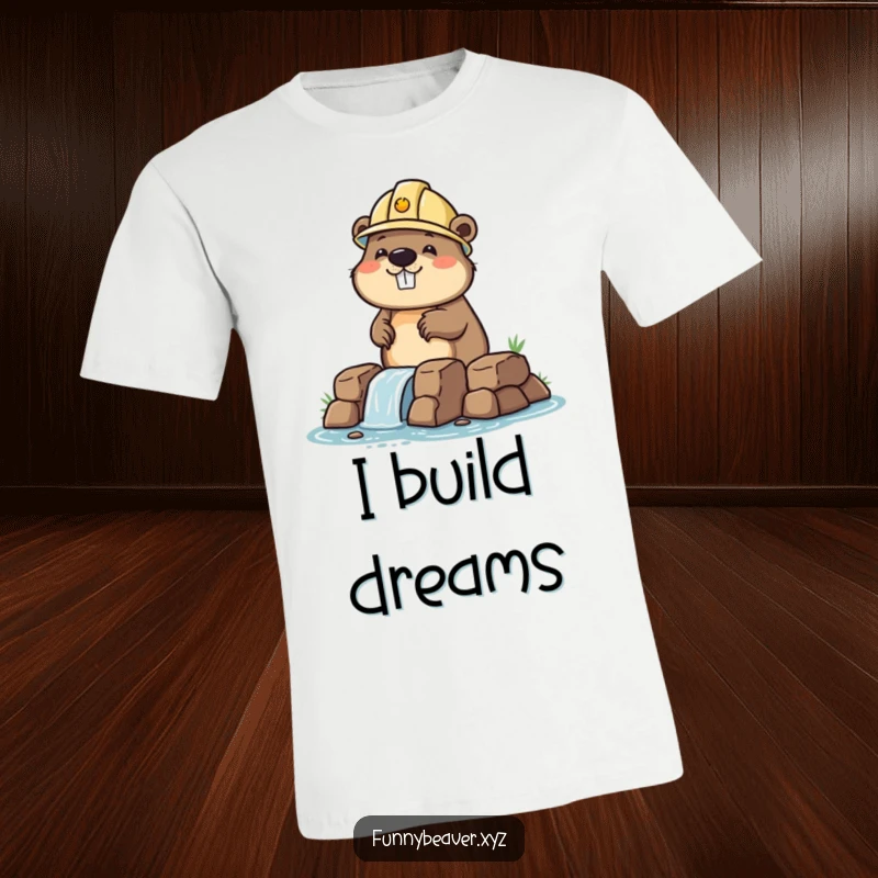Funny beaver wearing a small hard hat, focused on building a tiny dam, perfect for construction enthusiasts and humor lovers.