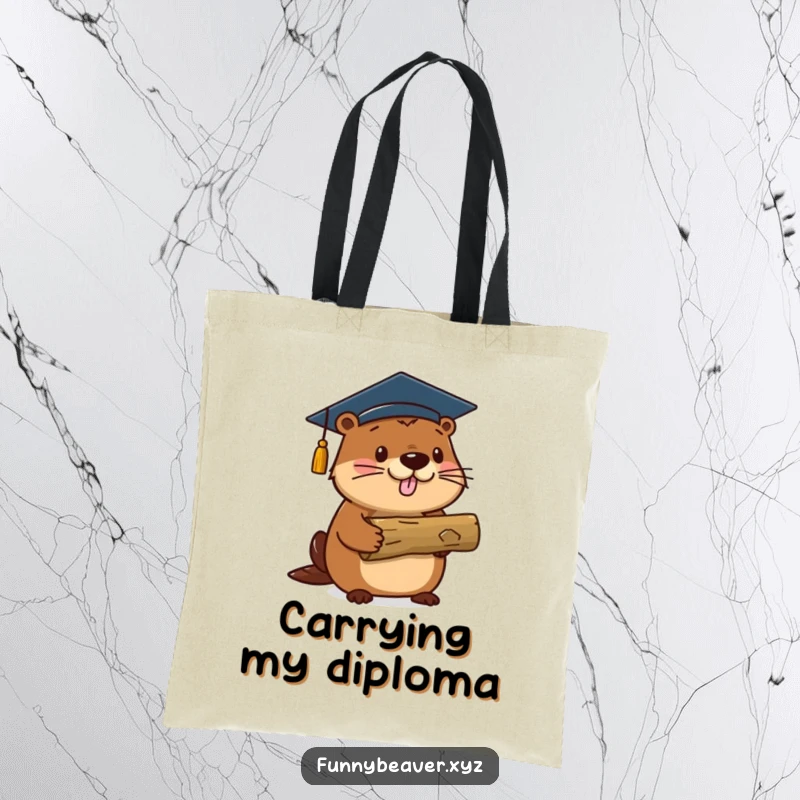 Funny beaver in a graduation cap holds a small log, making this tote bag a humorous and practical gift for graduates.