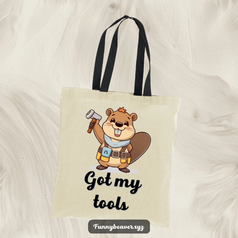 Funny beaver in a tool belt, cheerfully waving a hammer, this tote bag is a humorous and practical accessory for all.